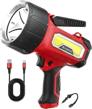 FORTO Rechargeable Spotlight Flashlight with 2000 Lumens, Handheld Spotlight with Foldable Stand, 6 Light Modes IPX7 Waterproof LED Spot Lights Outdoor for Boating Hunting Hiking(Red)