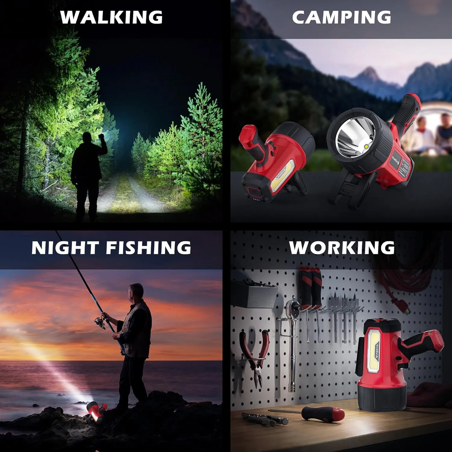 FORTO Rechargeable Spotlight Flashlight with 2000 Lumens, Handheld Spotlight with Foldable Stand, 6 Light Modes IPX7 Waterproof LED Spot Lights Outdoor for Boating Hunting Hiking(Red)