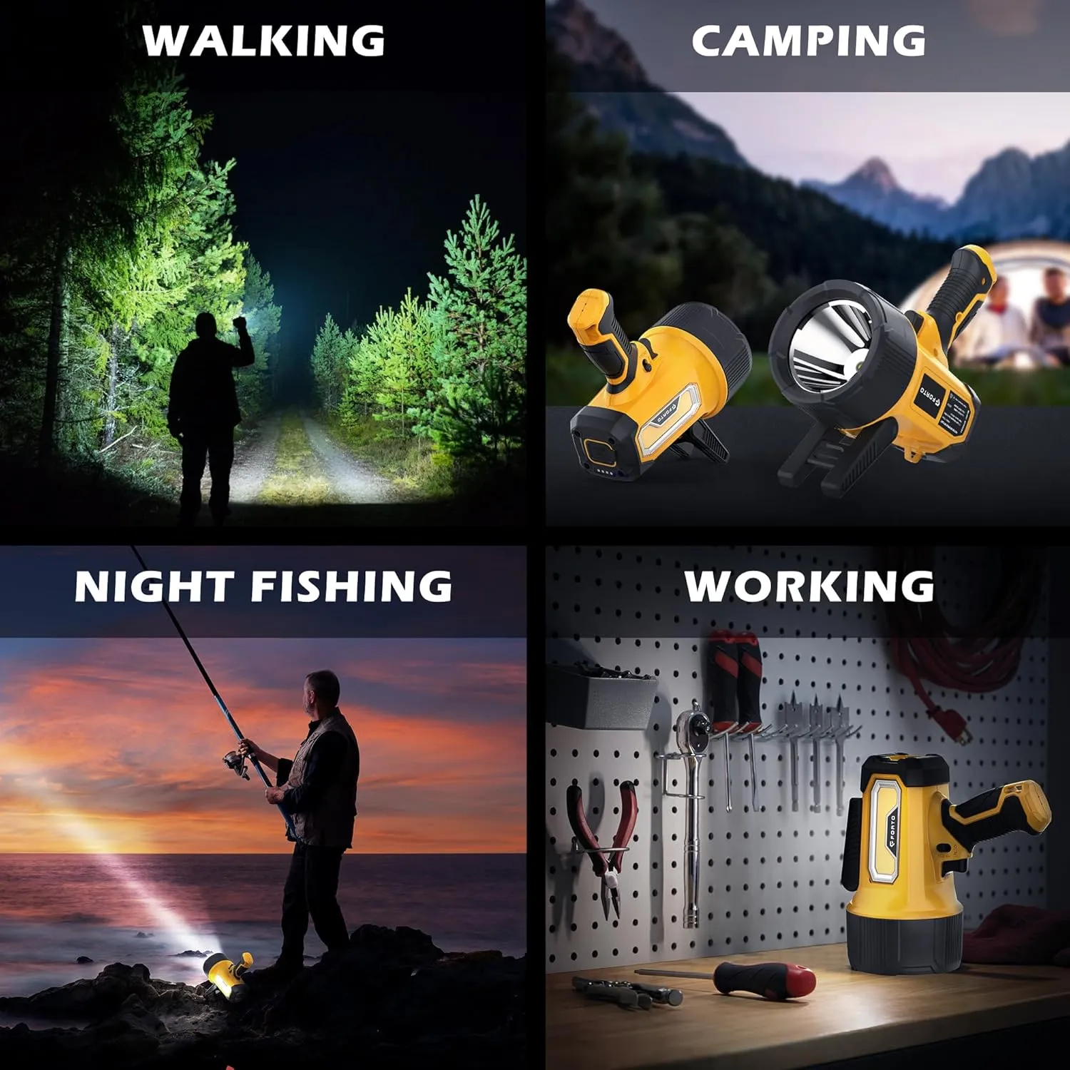 FORTO Rechargeable Spotlight Flashlight with 2000 Lumens, Handheld Spotlight with Foldable Stand, 6 Light Modes IPX7 Waterproof LED Spot Lights Outdoor for Boating Hunting Hiking(Yellow)