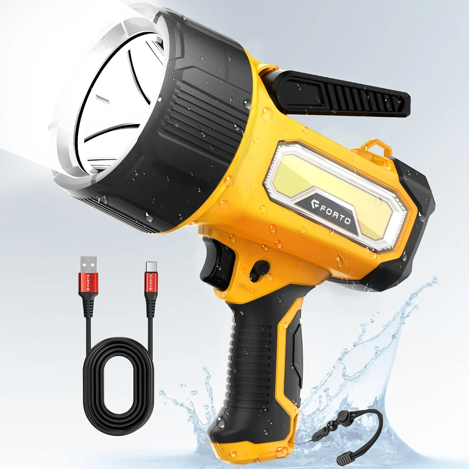 FORTO Rechargeable Spotlight Flashlight with 2000 Lumens, Handheld Spotlight with Foldable Stand, 6 Light Modes IPX7 Waterproof LED Spot Lights Outdoor for Boating Hunting Hiking(Yellow)