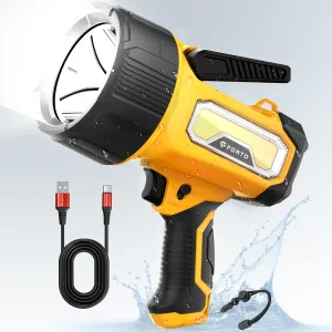 FORTO Rechargeable Spotlight Flashlight with 2000 Lumens, Handheld Spotlight with Foldable Stand, 6 Light Modes IPX7 Waterproof LED Spot Lights Outdoor for Boating Hunting Hiking(Yellow)