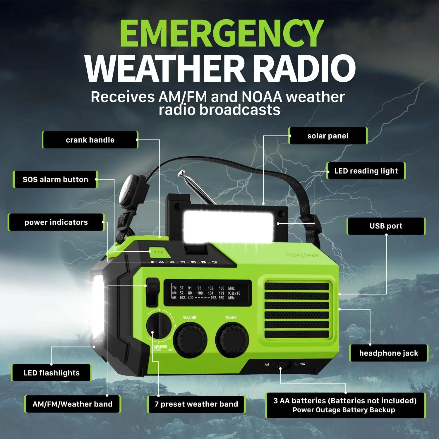 FosPower Emergency Weather Radio (Model A6) NOAA/AM/FM with 19240mWh Portable Power Bank, USB/Solar/Hand Crank Charging, Battery Operated, SOS Alarm & Flashlight for Indoor/Outdoor Emergency - Green