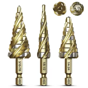 Four Spiral Flute Step Drill Bit Set, 3PCS 1/8"-7/8" HSS Unibit Step Bits with 1/4" Hex Shank for Metal Stainless Steel Aluminum Wood Plastic