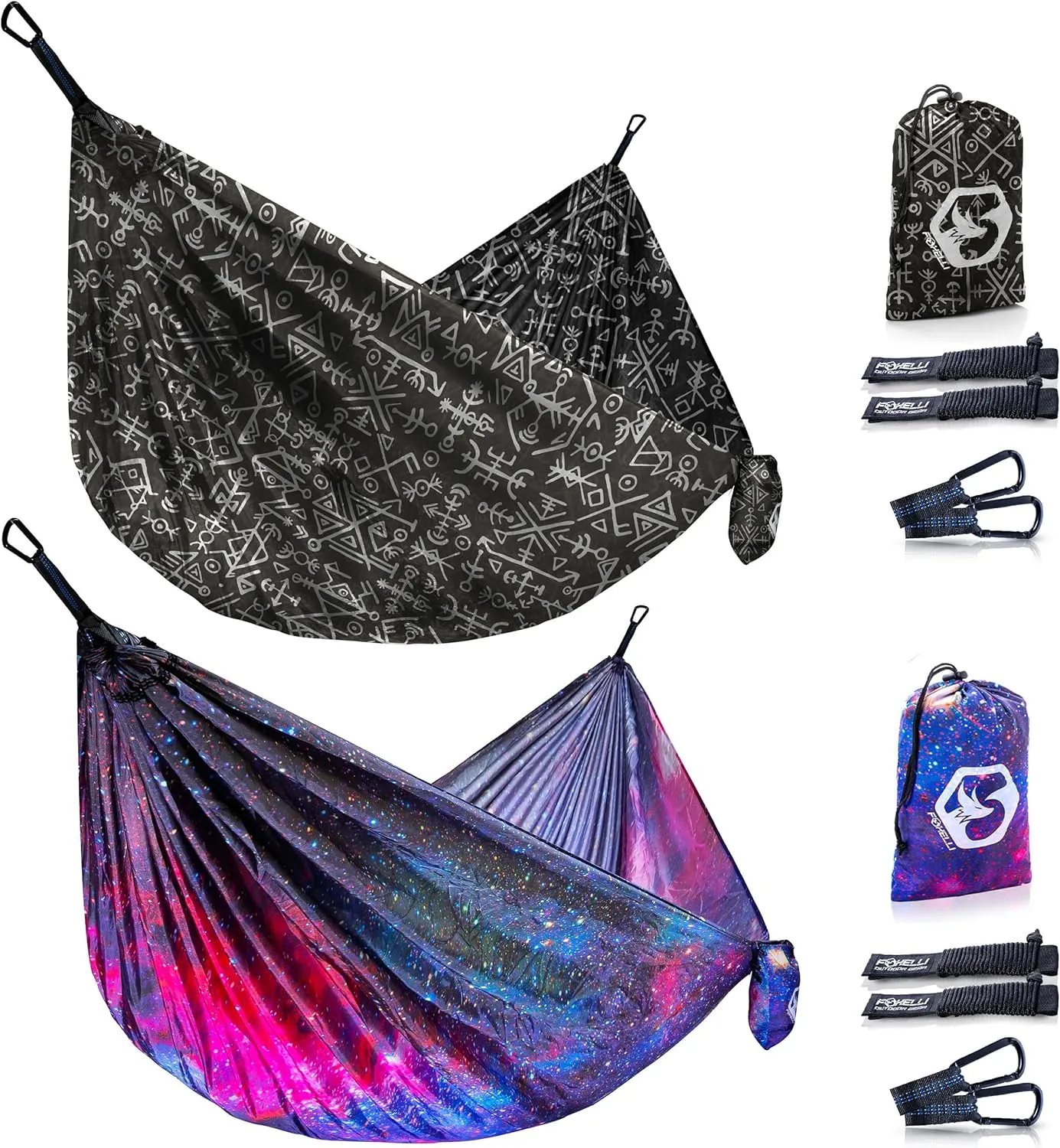Foxelli Camping Hammock Bundle of 2 – Lightweight Parachute Nylon Portable Hammocks with Tree Ropes and Carabiners