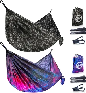 Foxelli Camping Hammock Bundle of 2 – Lightweight Parachute Nylon Portable Hammocks with Tree Ropes and Carabiners
