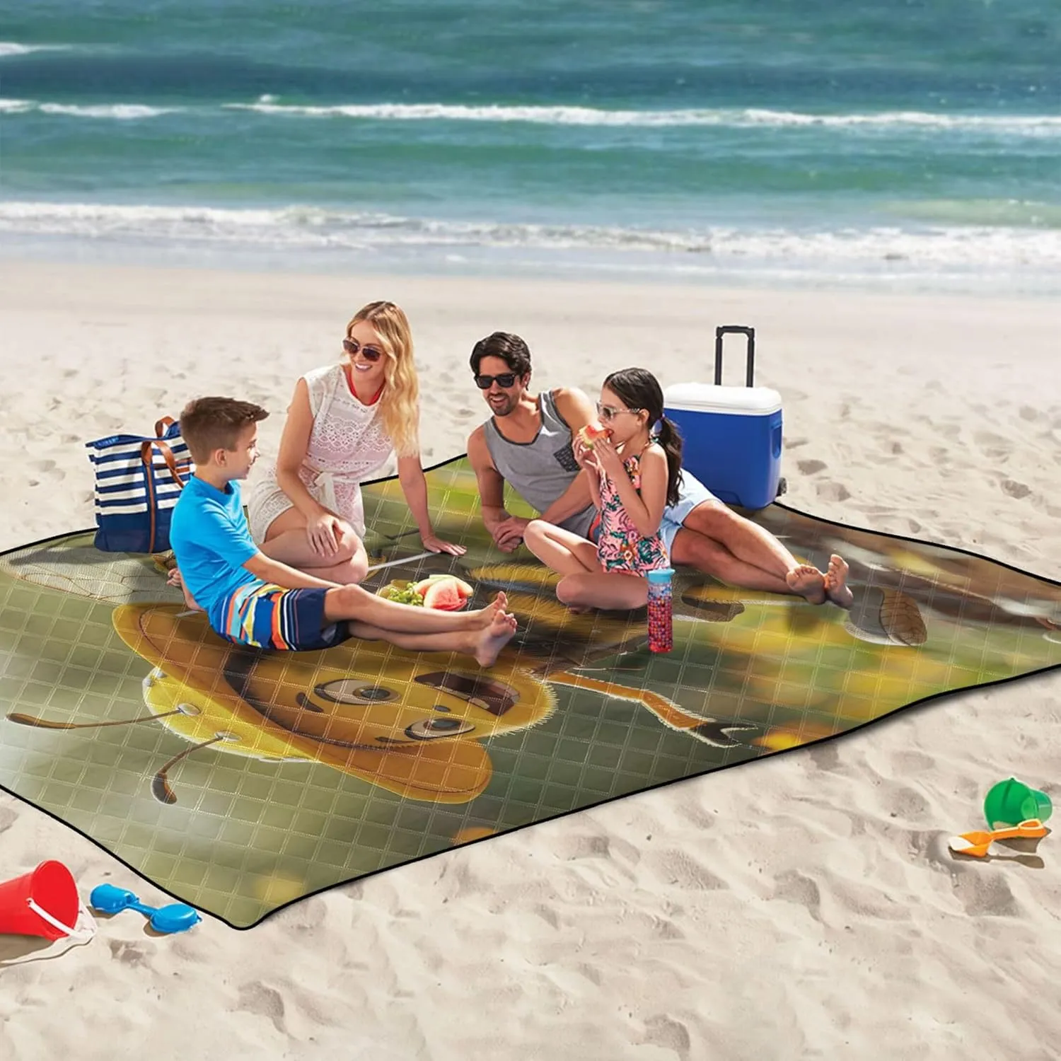 Funny Bee Print Beach Blanket Waterproof Sandproof, Print Kids Camping Mat for Grass Foldable Picnic Blanket Cute, 80" x 60"