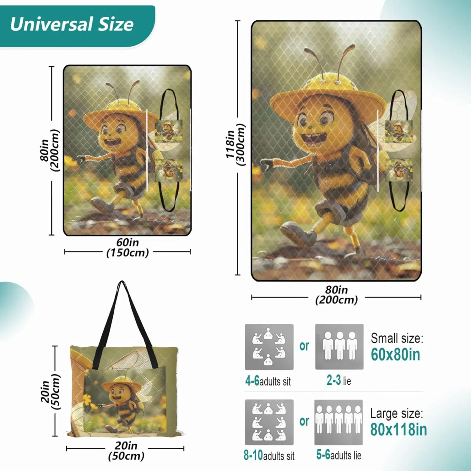 Funny Bee Print Beach Blanket Waterproof Sandproof, Print Kids Camping Mat for Grass Foldable Picnic Blanket Cute, 80" x 60"
