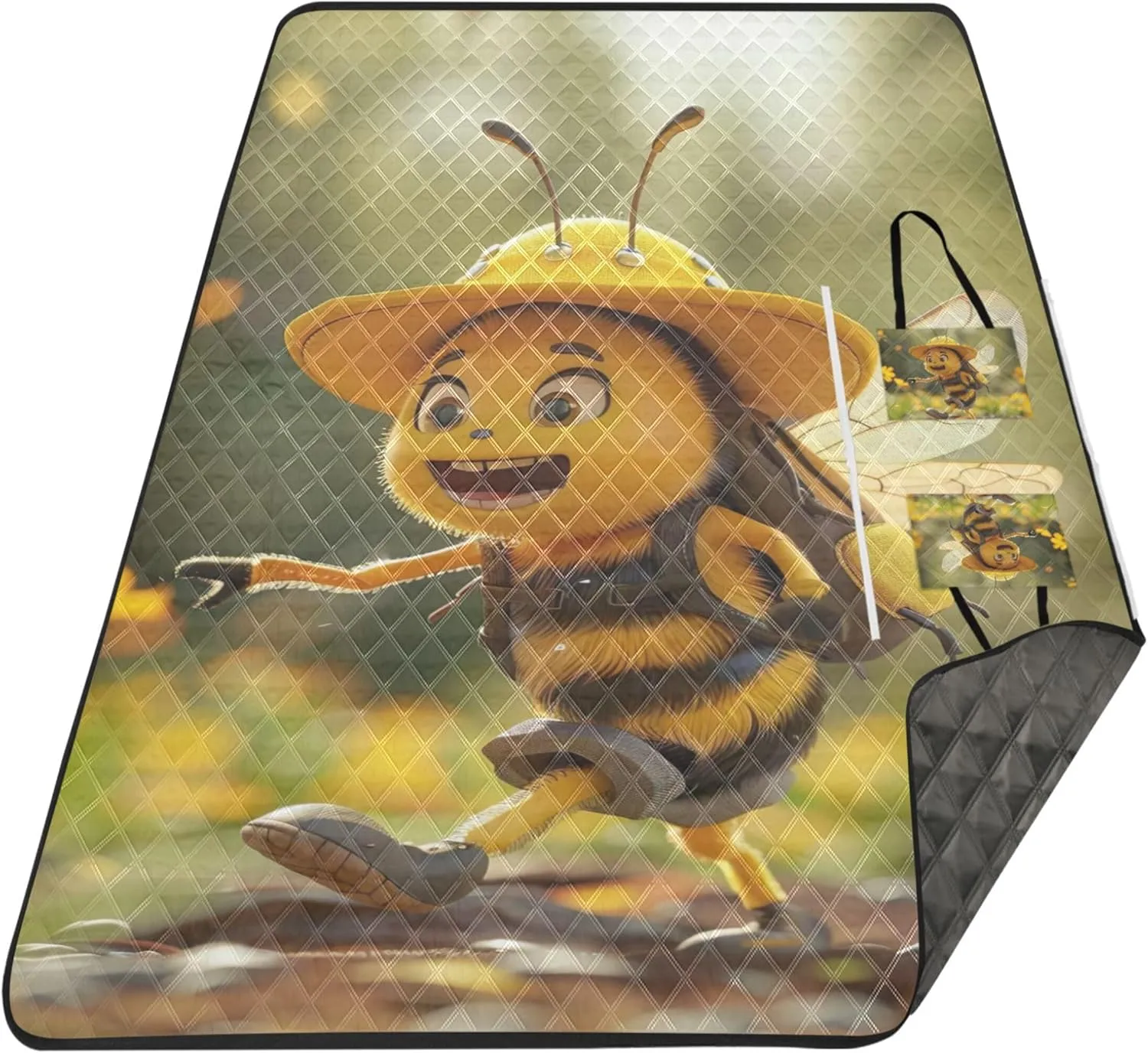 Funny Bee Print Beach Blanket Waterproof Sandproof, Print Kids Camping Mat for Grass Foldable Picnic Blanket Cute, 80" x 60"