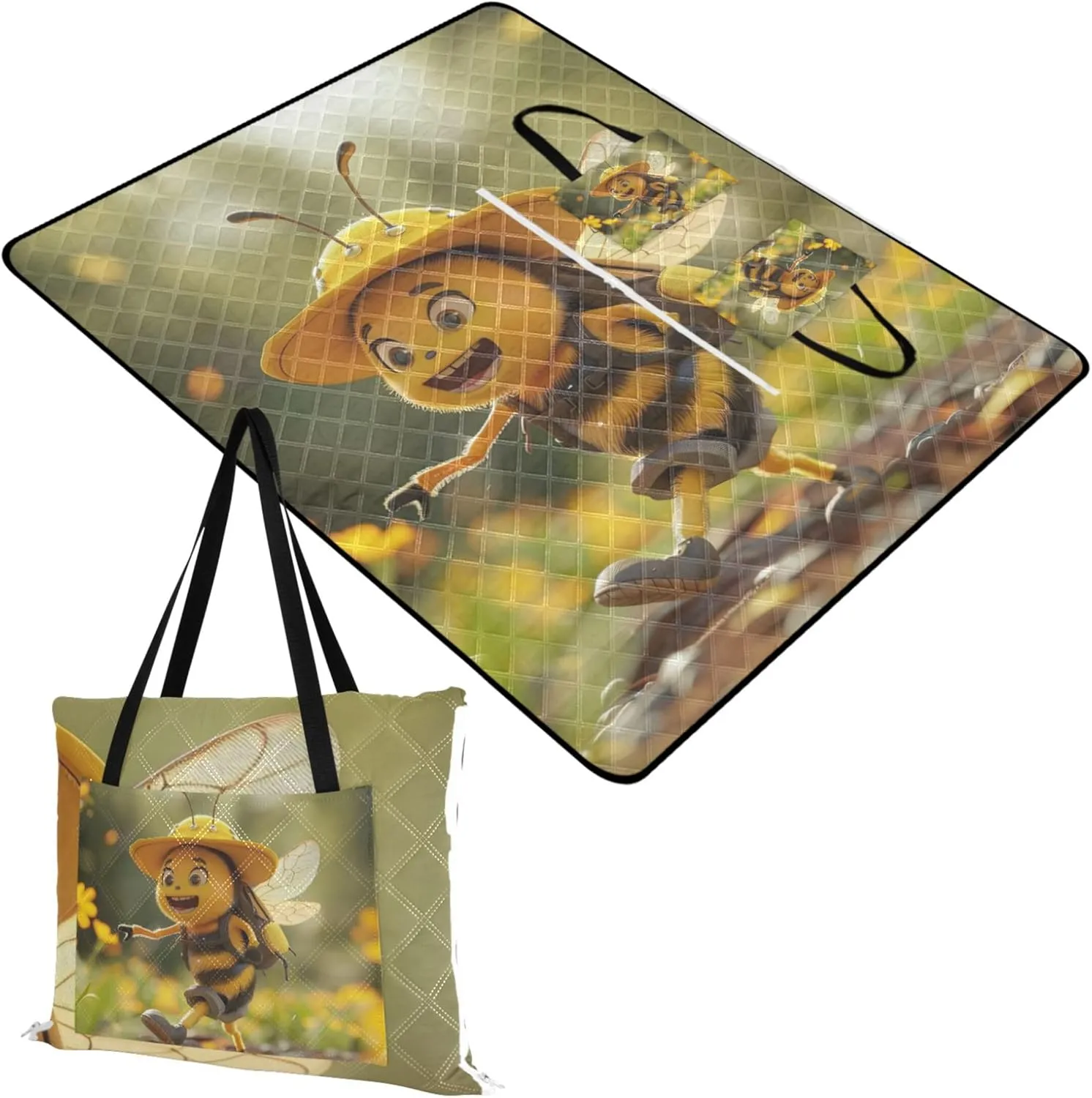 Funny Bee Print Beach Blanket Waterproof Sandproof, Print Kids Camping Mat for Grass Foldable Picnic Blanket Cute, 80" x 60"