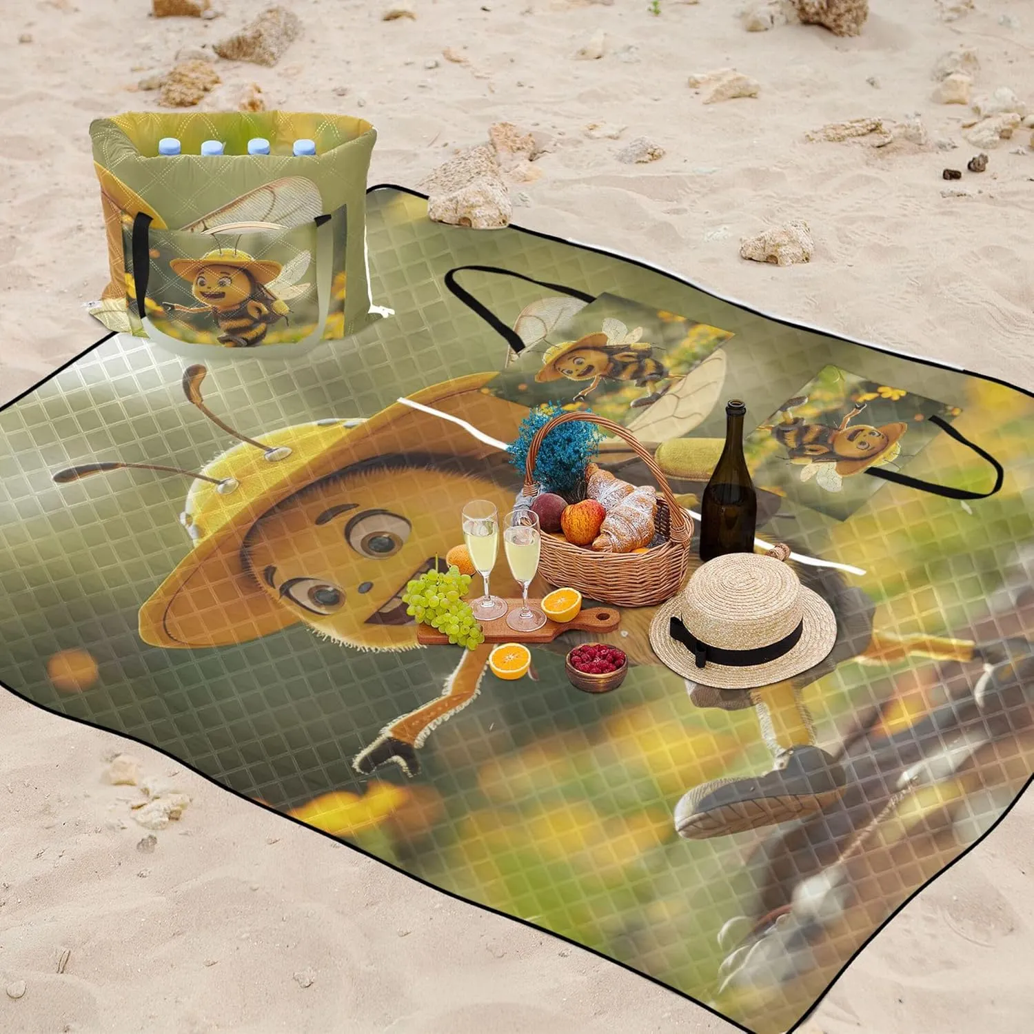 Funny Bee Print Beach Blanket Waterproof Sandproof, Print Kids Camping Mat for Grass Foldable Picnic Blanket Cute, 80" x 60"