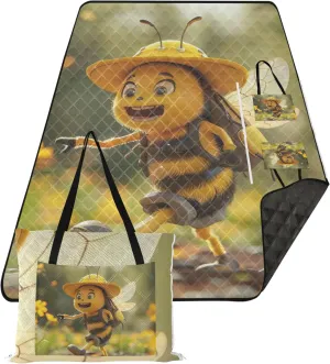 Funny Bee Print Beach Blanket Waterproof Sandproof, Print Kids Camping Mat for Grass Foldable Picnic Blanket Cute, 80" x 60"