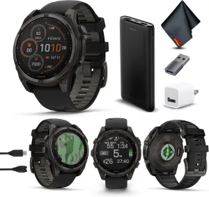 Garmin Fenix 8 47MM Solar Sapphire Multisport GPS Smartwatch Carbon Gray DLC Titanium with Black Gray Silicone Band, Built-in LED Flashlight, Health & Fitness Smart Watch Bundle for Men & Women