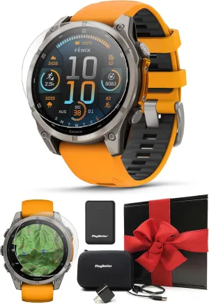 Garmin Fenix 8 AMOLED Sapphire (47mm, Titanium/Spark Orange) Multisport GPS Smartwatch Gift Box Bundle - 1.4" Touchscreen, Built-in LED Flashlight with PlayBetter Charger, Screens, Adapter, Case