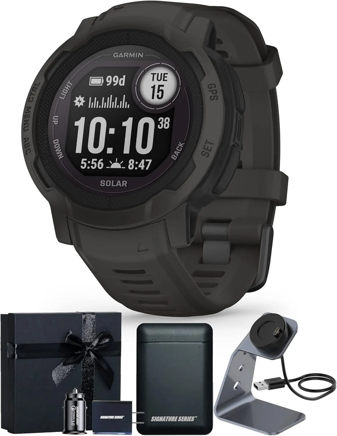Garmin Instinct 2 Solar, Rugged Outdoor GPS Smartwatch with Solar Charging, Graphite | Heart Rate Monitor, Built-in Sports Apps, Up to 28 Day Battery Life with Signature Series Gift Bundle