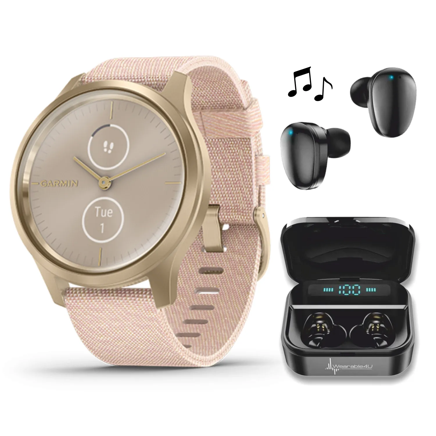 Garmin Vivomove 3 Style, Hybrid Smartwatch with Black Earbuds Bundle (Blush Pink/Gold, Nylon)