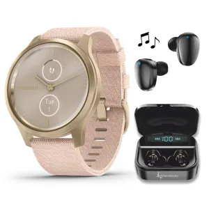 Garmin Vivomove 3 Style, Hybrid Smartwatch with Black Earbuds Bundle (Blush Pink/Gold, Nylon)