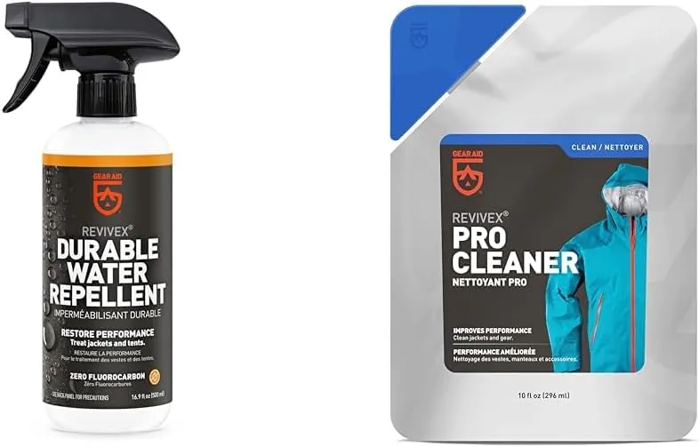 GEAR AID Revivex Durable Water Repellent (DWR) Spray for Waterproofing, Restoring Performance & Revivex Pro High-Tech Fabric Cleaner, 10 fl oz