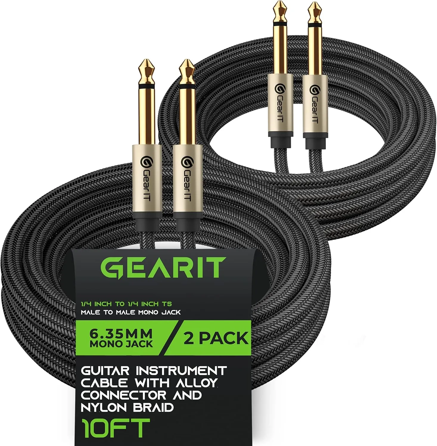 GEARit Guitar Instrument Cable (10ft 2-Pack) 1/4 Inch to 1/4 inch TS Straight Male to Male 6.35mm Mono Jack with Alloy Connector and Nylon Braid
