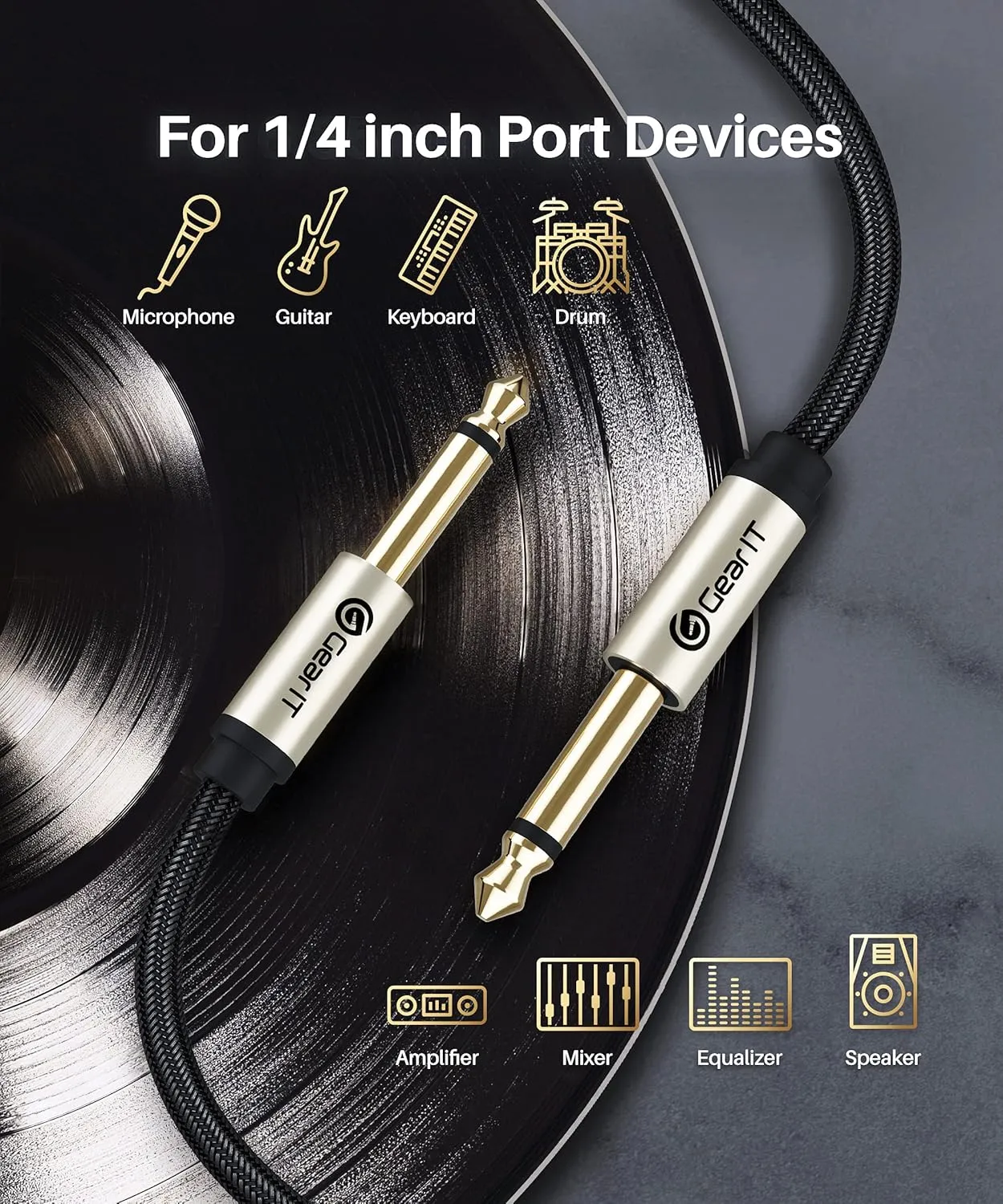 GEARit Guitar Instrument Cable (10ft 2-Pack) 1/4 Inch to 1/4 inch TS Straight Male to Male 6.35mm Mono Jack with Alloy Connector and Nylon Braid