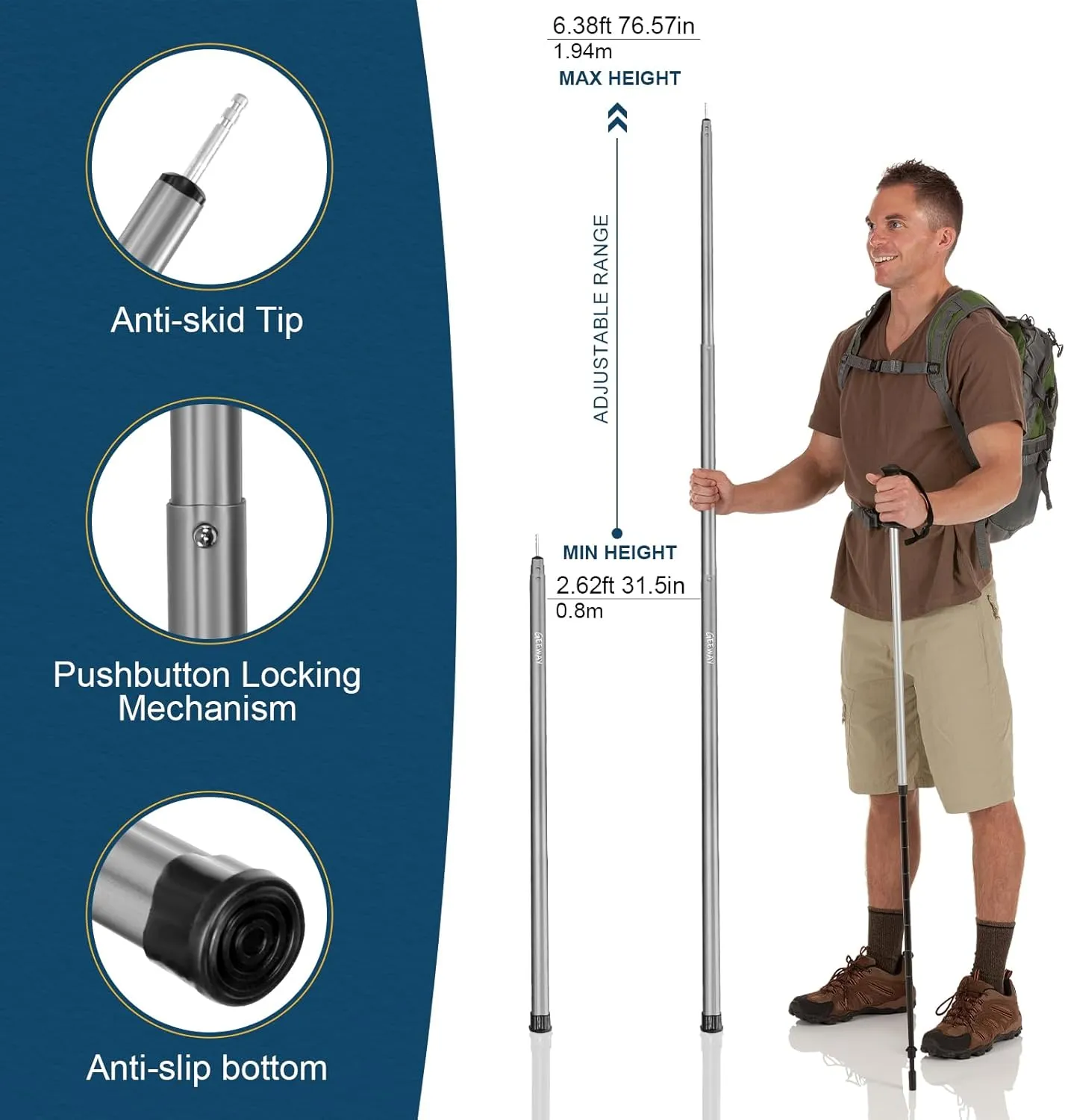 GEEWAY 2 Pcs 77 Inch Tarp Poles for Camping, Heavy Duty Telescoping Tent Pole, Aluminum Adjustable Tent Poles for Outdoor Activity, Wilderness Adventure and RV Travel (Grey)