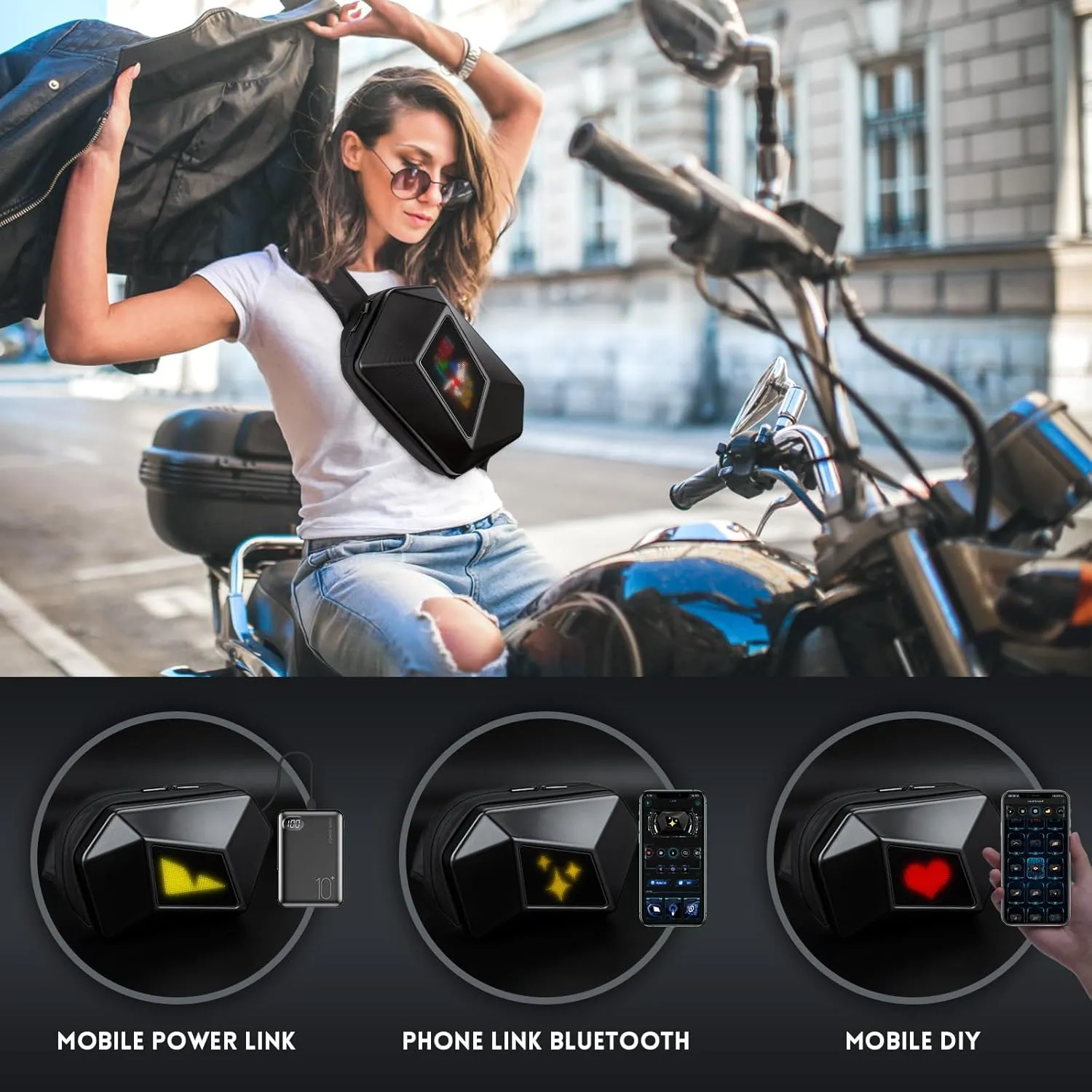 Gelrova Devil's Eye LED Fanny Bag, Full Color Screen and Programmable DIY, Outdoor Advertising Travel Sling Bag