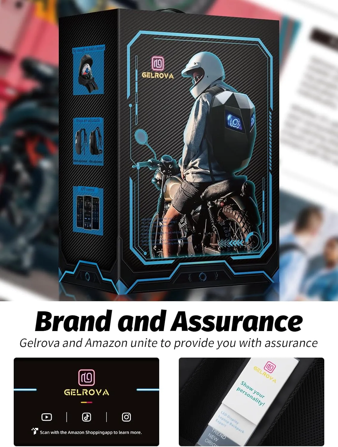 Gelrova LED Backpack Wolf Face, Hard Shell, Helmet Storage, Programmable Screen with Eye-Themed GIFs, Ideal for Motorcycle Riders, 19inch