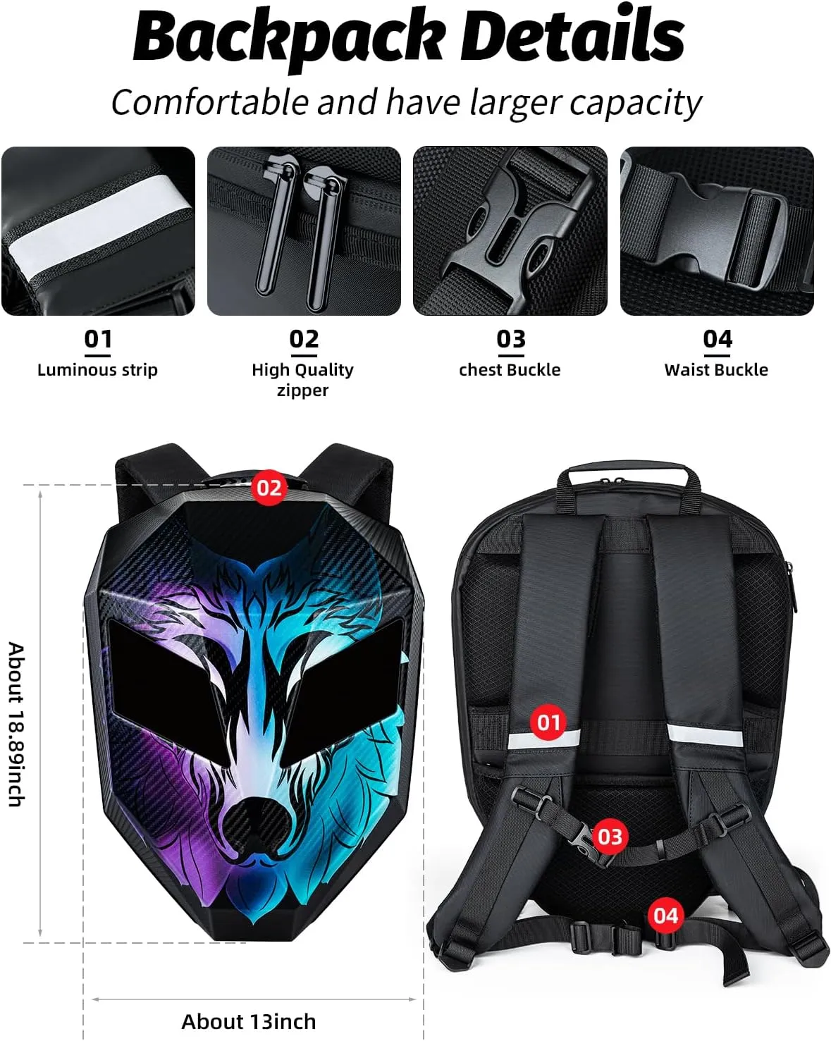 Gelrova LED Backpack Wolf Face, Hard Shell, Helmet Storage, Programmable Screen with Eye-Themed GIFs, Ideal for Motorcycle Riders, 19inch