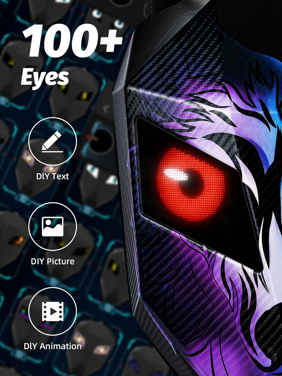 Gelrova LED Backpack Wolf Face, Hard Shell, Helmet Storage, Programmable Screen with Eye-Themed GIFs, Ideal for Motorcycle Riders, 19inch