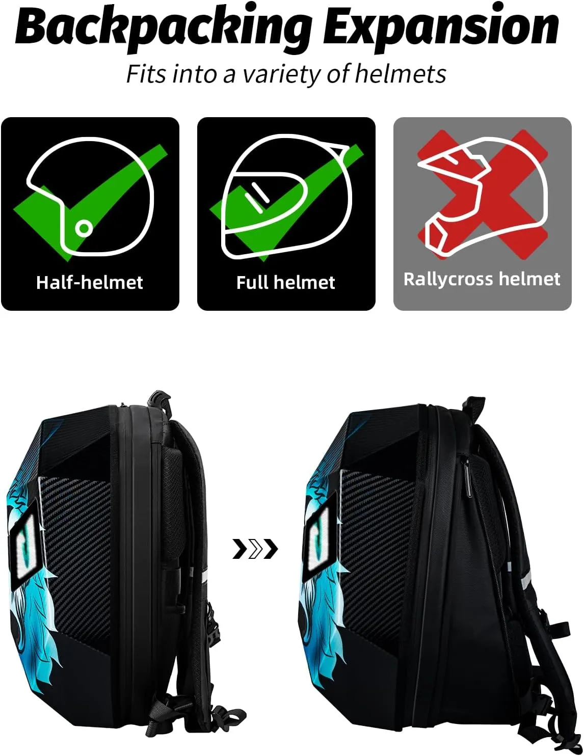 Gelrova LED Backpack Wolf Face, Hard Shell, Helmet Storage, Programmable Screen with Eye-Themed GIFs, Ideal for Motorcycle Riders, 19inch