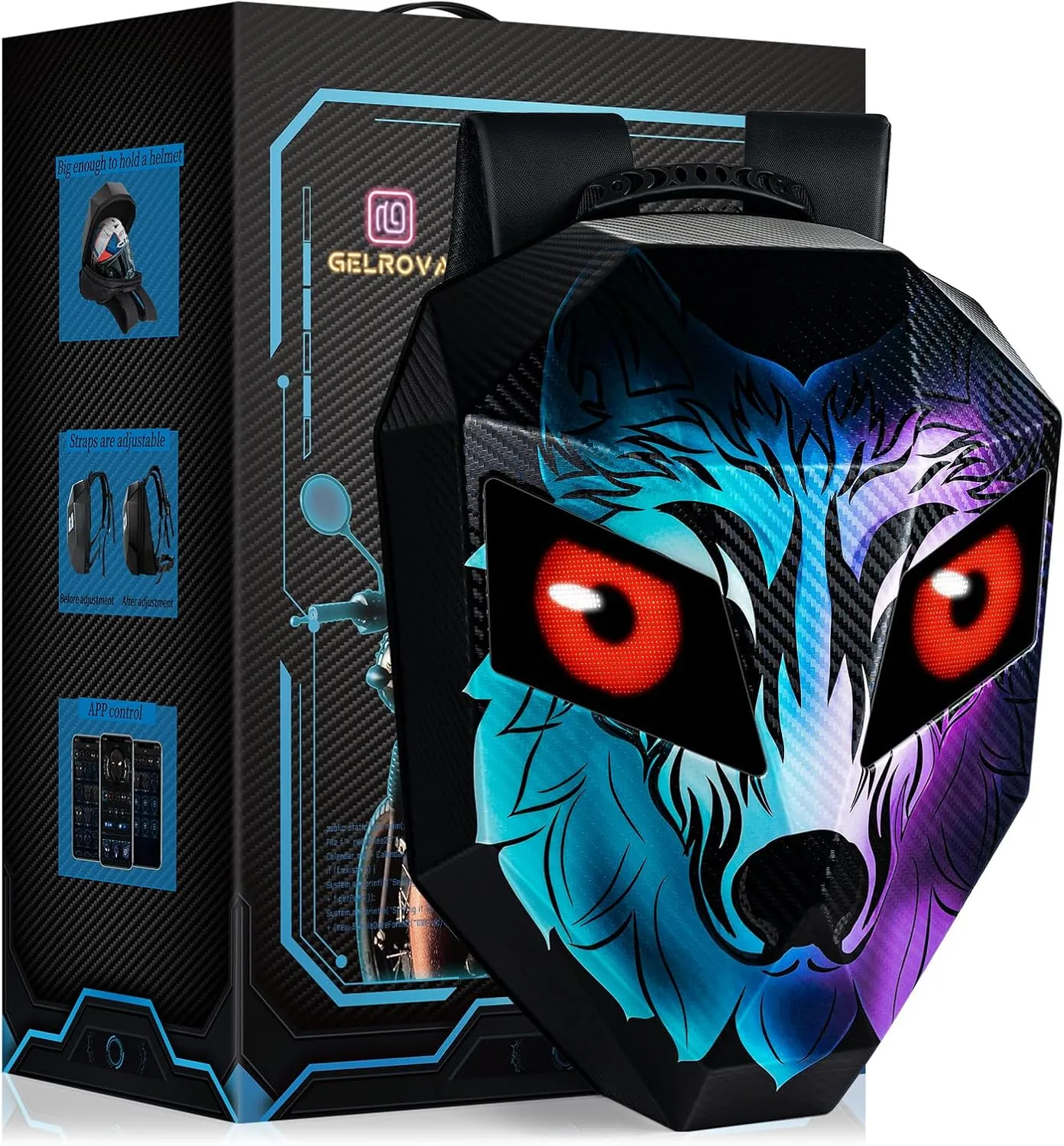Gelrova LED Backpack Wolf Face, Hard Shell, Helmet Storage, Programmable Screen with Eye-Themed GIFs, Ideal for Motorcycle Riders, 19inch