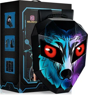 Gelrova LED Backpack Wolf Face, Hard Shell, Helmet Storage, Programmable Screen with Eye-Themed GIFs, Ideal for Motorcycle Riders, 19inch