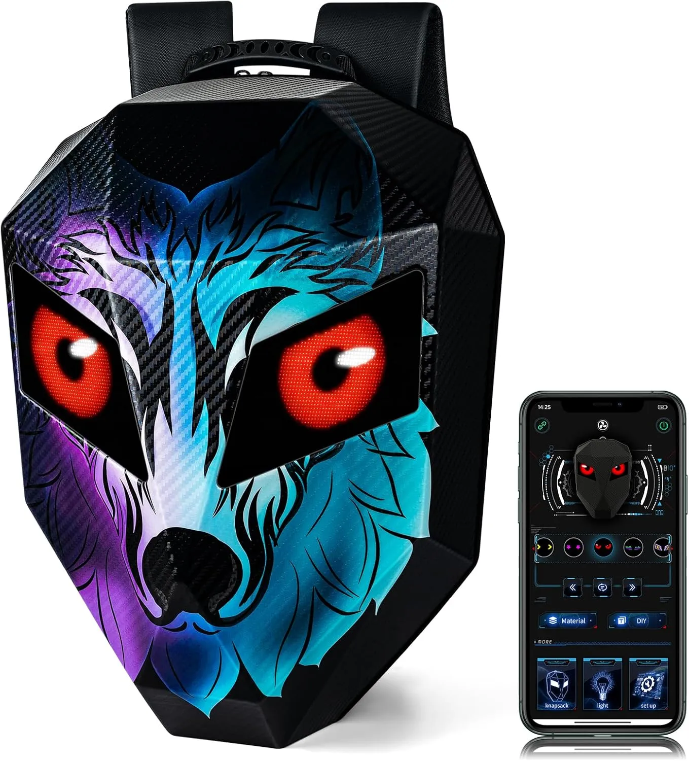 Gelrova LED Backpack Wolf Face, Hard Shell, Helmet Storage, Programmable Screen with Eye-Themed GIFs, Ideal for Motorcycle Riders, 19inch