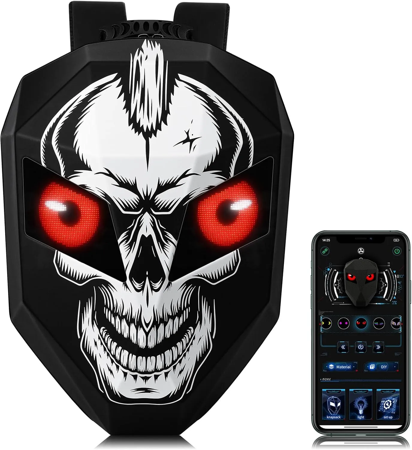 Gelrova Skull Knight LED Motorcycle Backpack, Hard Case Riding Backpack DIY Motorbike Laptop Bag Waterproof, Large Size 19inch