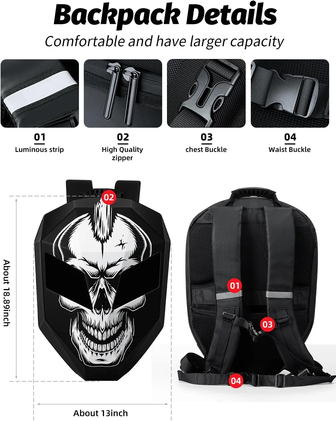 Gelrova Skull Knight LED Motorcycle Backpack, Hard Case Riding Backpack DIY Motorbike Laptop Bag Waterproof, Large Size 19inch