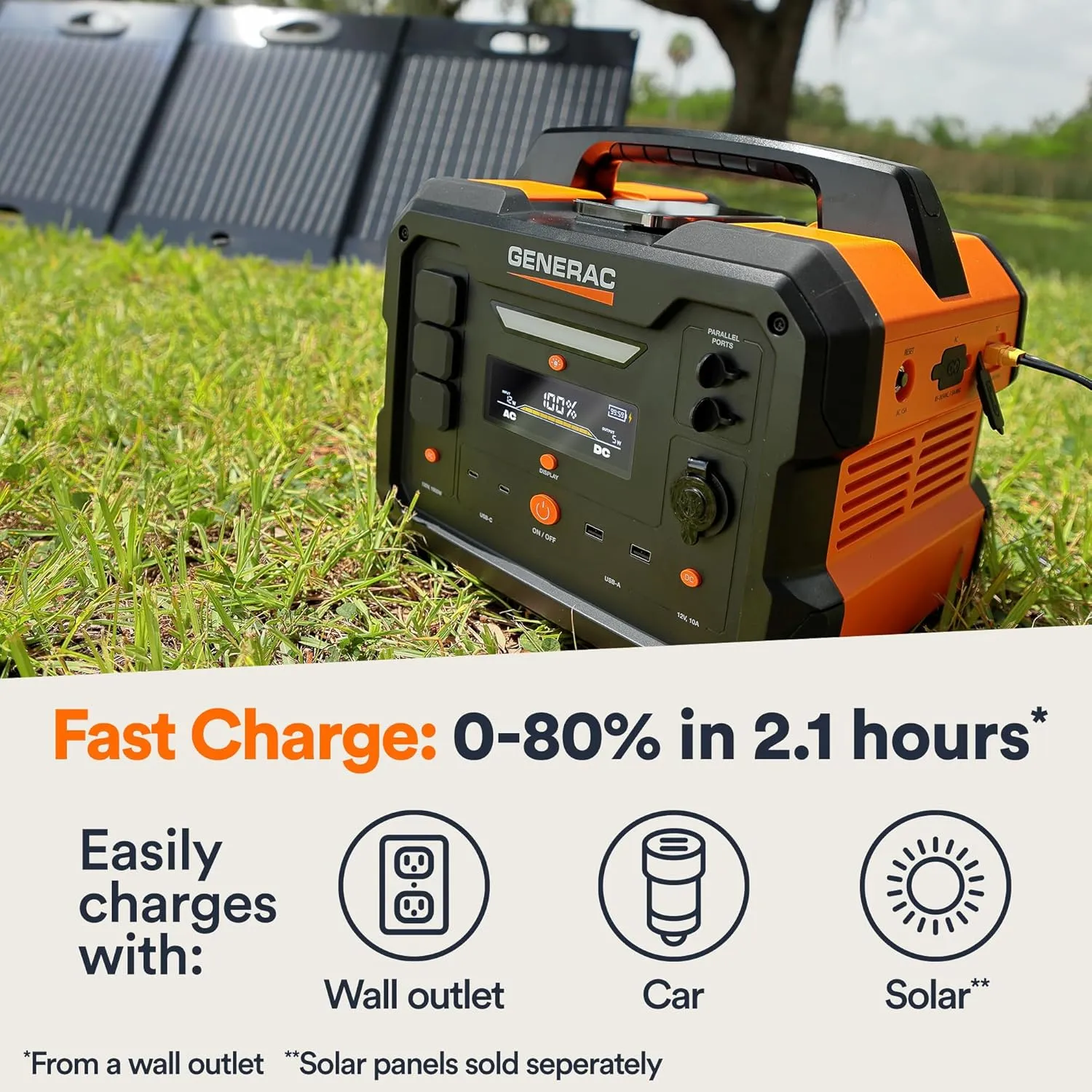 Generac 1086Wh Portable Power Station with Lithium-Ion Battery - Clean, Emission-Free Power - Wirless Charging Pad and Compact Design - Camping, RV, Indoor/Outdoor Use - Orange/Black