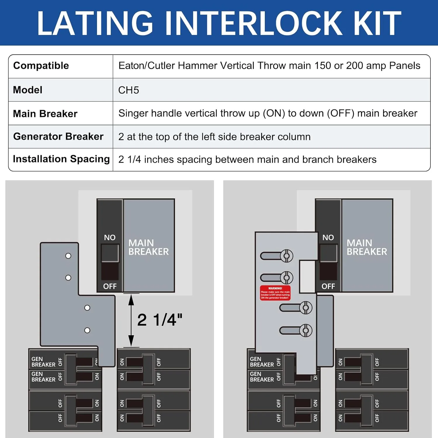 Generator Interlock for Eaton/Cutler Hammer Vertical Throw 150 or 200 amp Panels with 2 1/4 Inches Spacing, Brushed Nickel