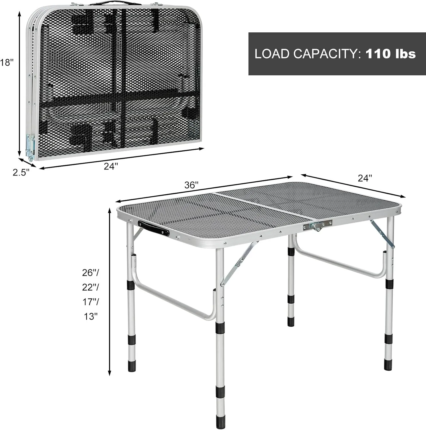 Giantex 3FT Portable Camping Table, Aluminum Picnic Table W/Iron Mesh Tabletop, 4 Adjustable Heights, Lightweight Folding Table for Outdoor Grill Cooking Picnic Camping Party BBQ