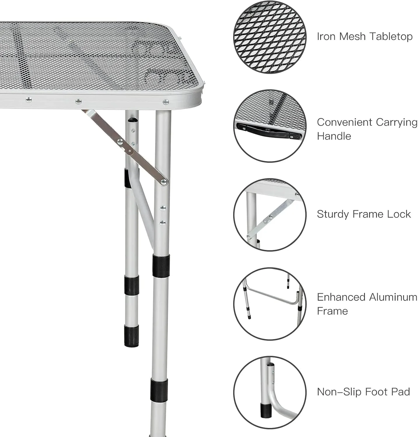 Giantex 3FT Portable Camping Table, Aluminum Picnic Table W/Iron Mesh Tabletop, 4 Adjustable Heights, Lightweight Folding Table for Outdoor Grill Cooking Picnic Camping Party BBQ