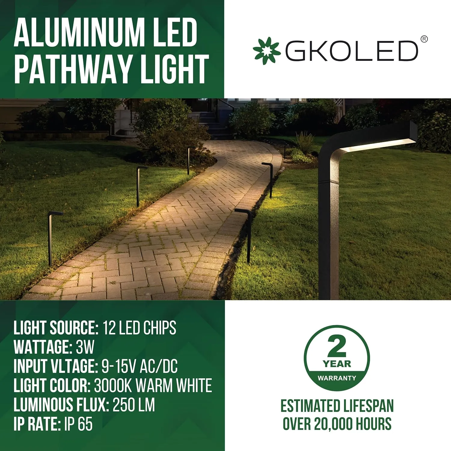 GKOLED Low Voltage Landscape Lighting, Outdoor LED Path Lights, 3W 9-15V AC/DC Garden Light for Yard, Lawn, Pathway, Walkway, Die-cast Aluminum Housing, Black, 6 Pack