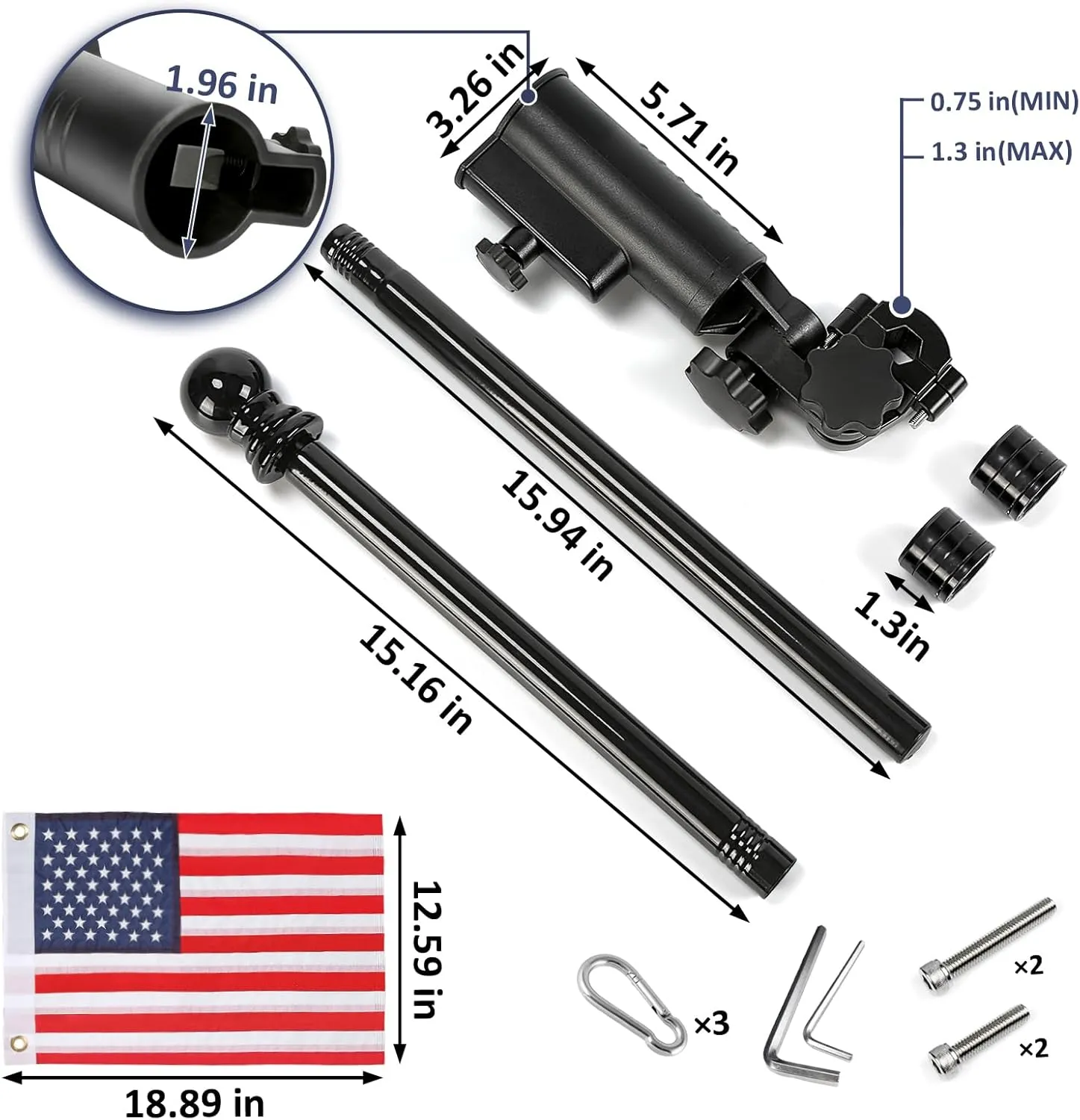Golf Cart Flag Holder and Flag Pole, 180° Adjustable Aluminium Alloy Base Strong Windproof, Universal Umbrella Holder for Stroller, Golf Push Cart, Boat, Bike, Wheelchair, Included USA Flag