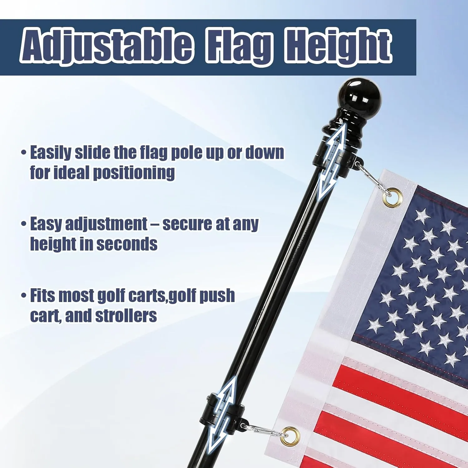 Golf Cart Flag Holder and Flag Pole, 180° Adjustable Aluminium Alloy Base Strong Windproof, Universal Umbrella Holder for Stroller, Golf Push Cart, Boat, Bike, Wheelchair, Included USA Flag