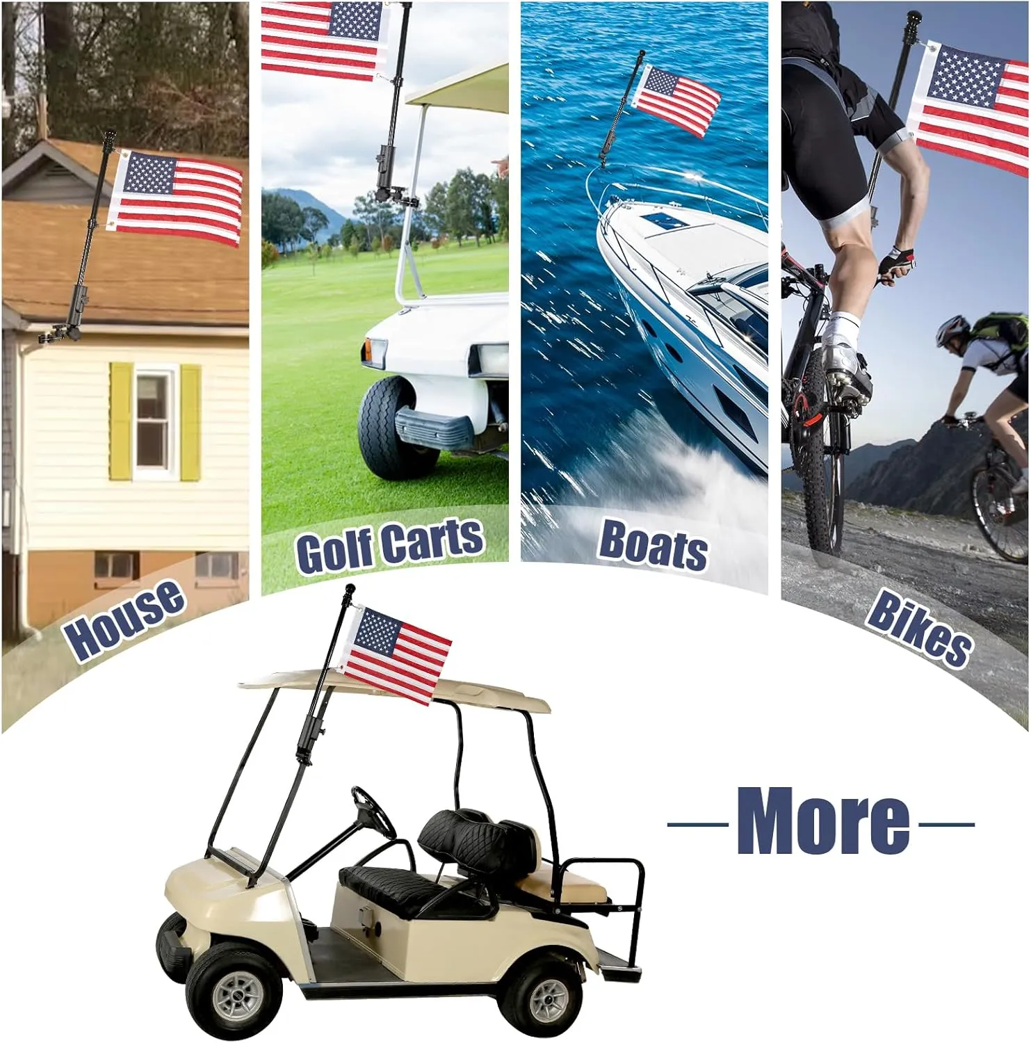 Golf Cart Flag Holder and Flag Pole, 180° Adjustable Aluminium Alloy Base Strong Windproof, Universal Umbrella Holder for Stroller, Golf Push Cart, Boat, Bike, Wheelchair, Included USA Flag
