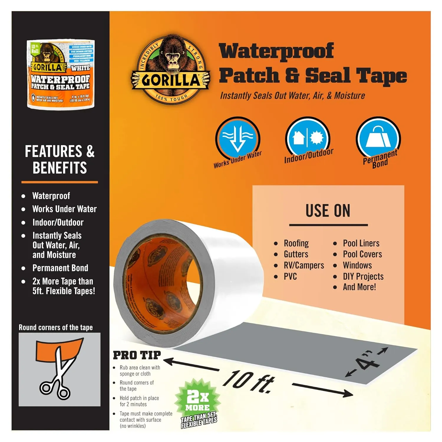 Gorilla Waterproof Patch & Seal Tape, White Tape, 4" x 10' (Pack of 2) - Permanent Weather Resistant Seal for Leaks and Repairs