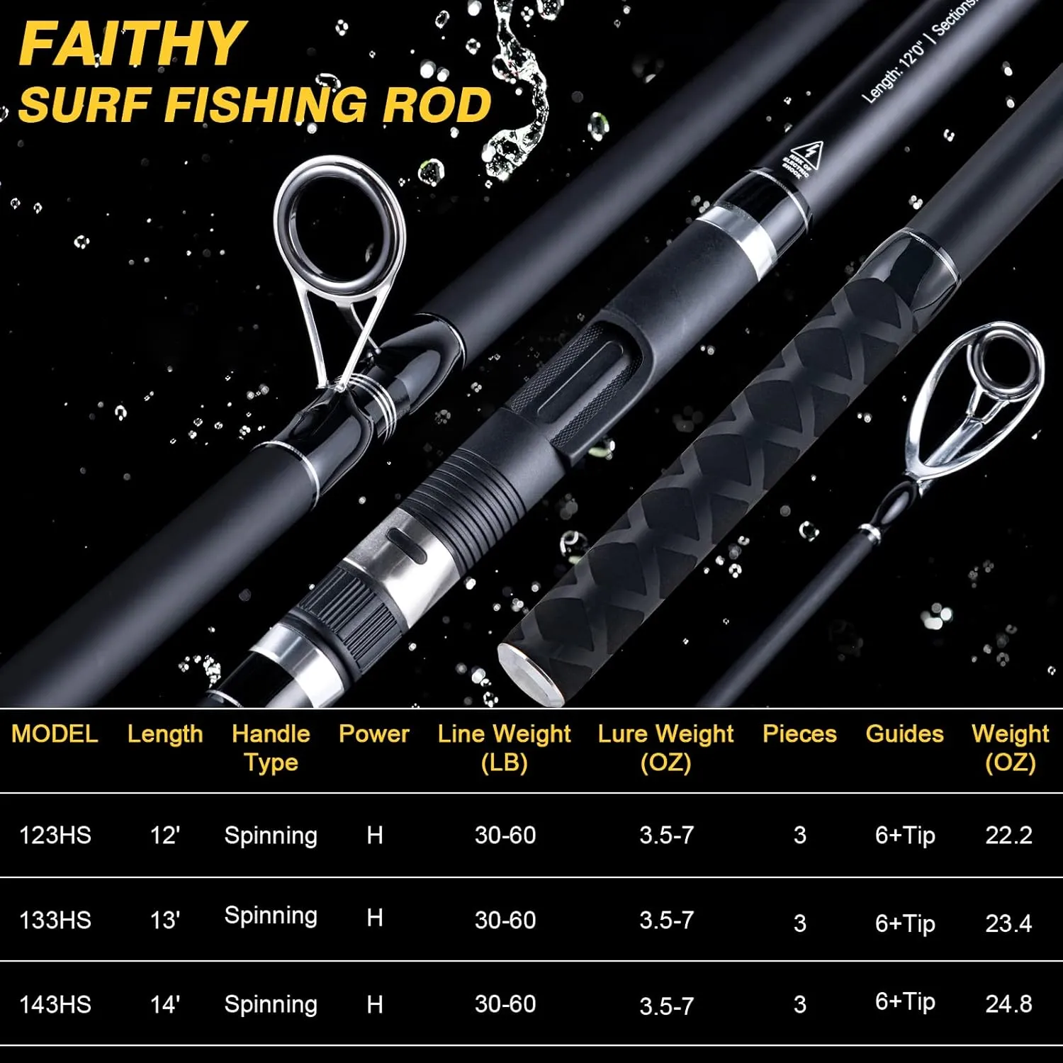 Goture Surf Spinning Fishing Rod 3-Piece Portable Carbon Fiber Travel Surf Rod Saltwater Spinning Rod 12FT/13FT/14FT