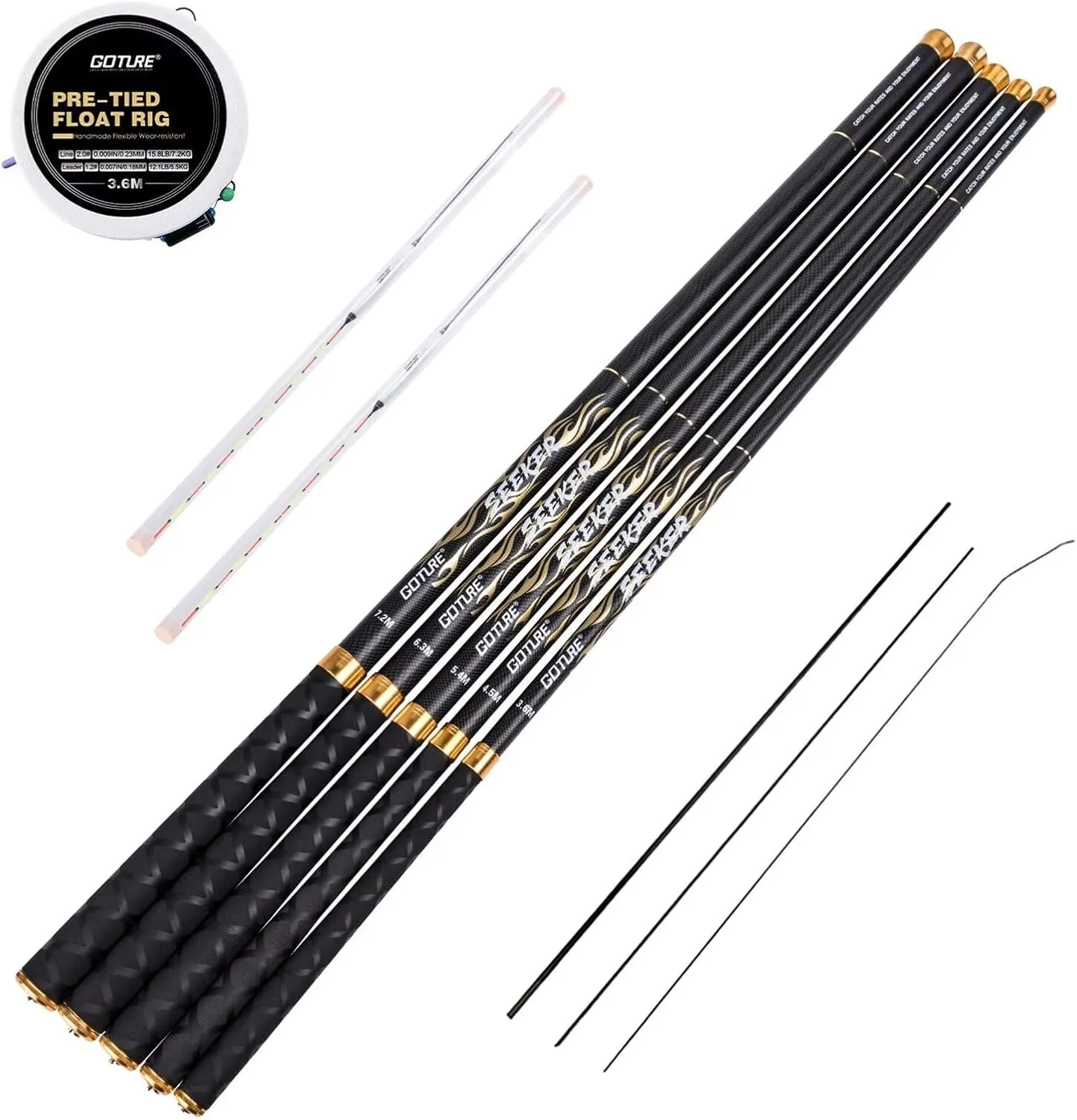 Goture Tenkara Fishing Rod Kit, Telescopic Portable Collapsible Bass Crappie Catfish Rod, 30T Carbon Fiber Inshore Stream Trout Pole, Seeker Series Fishing Pole 12 14.4 18 20.3 22.7 FT with Tip Set