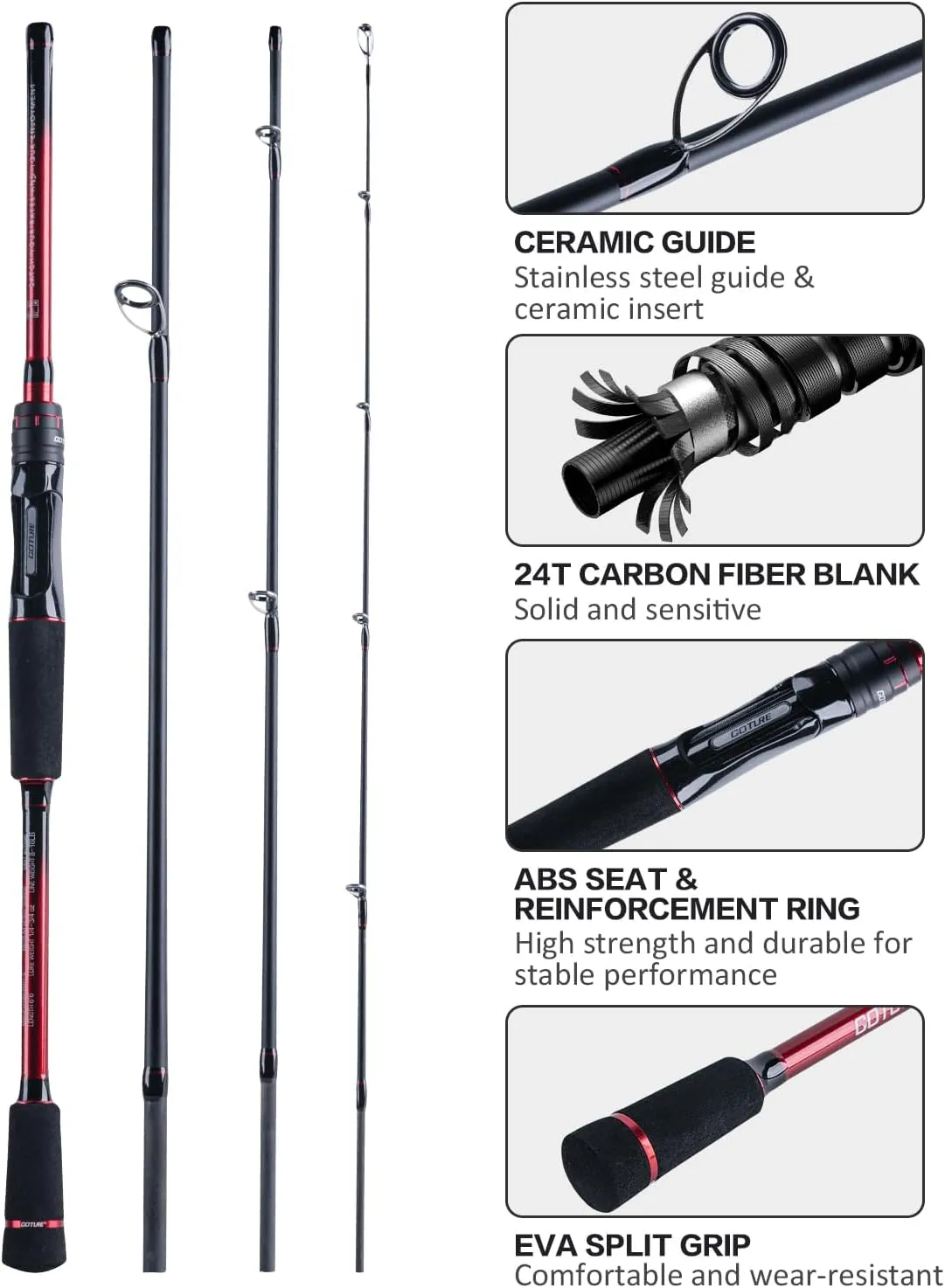 Goture Travel Fishing Rods with Case, 4 Piece Fishing Rod, Casting/Spinning Rod, 24T Carbon Fiber Quality Fishing Pole for Saltwater Trout, Bass, Walleye, Pike Black and Red