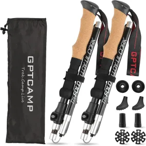 GPTCAMP Nordic Walking Stick, TPZ-1, 2pc Folding Collapsible Hiking Poles with Metal Quick Lock, Cork Handle, Lightweight 7075 Aluminum Trekking Poles for Seniors Women Men Hiking Gear