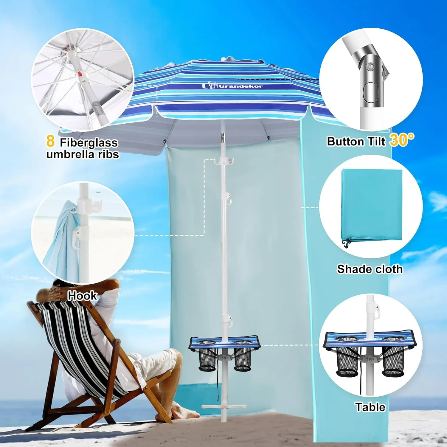Grandekor 7FT Beach Umbrellas for Sand Heavy Duty Wind Portable Beach Umbrella with Table and Sun Shade Travel Beach Umbrella with Carry Bag Sun Umbrella Beach,UV 50 