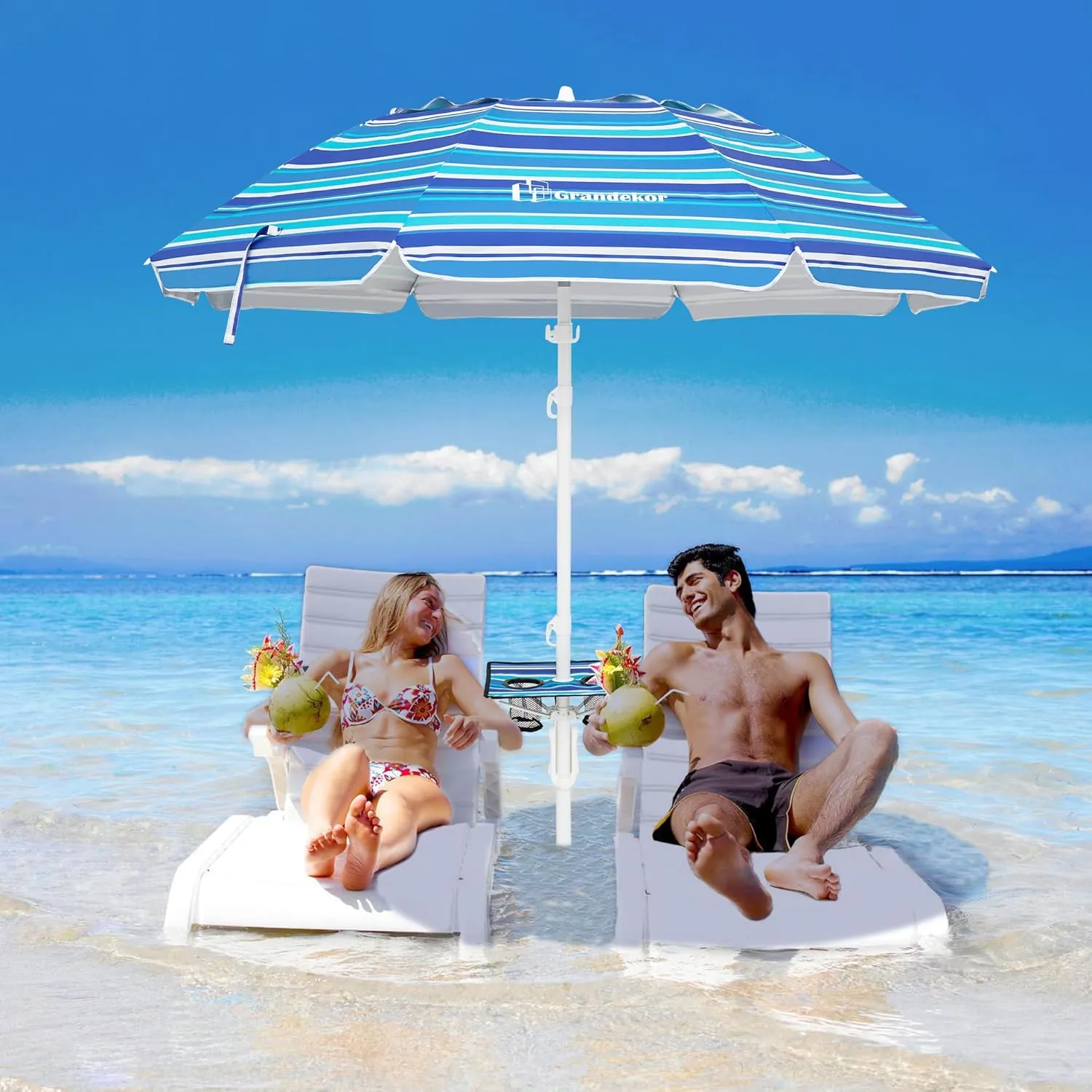 Grandekor 7FT Beach Umbrellas for Sand Heavy Duty Wind Portable Beach Umbrella with Table and Sun Shade Travel Beach Umbrella with Carry Bag Sun Umbrella Beach,UV 50 