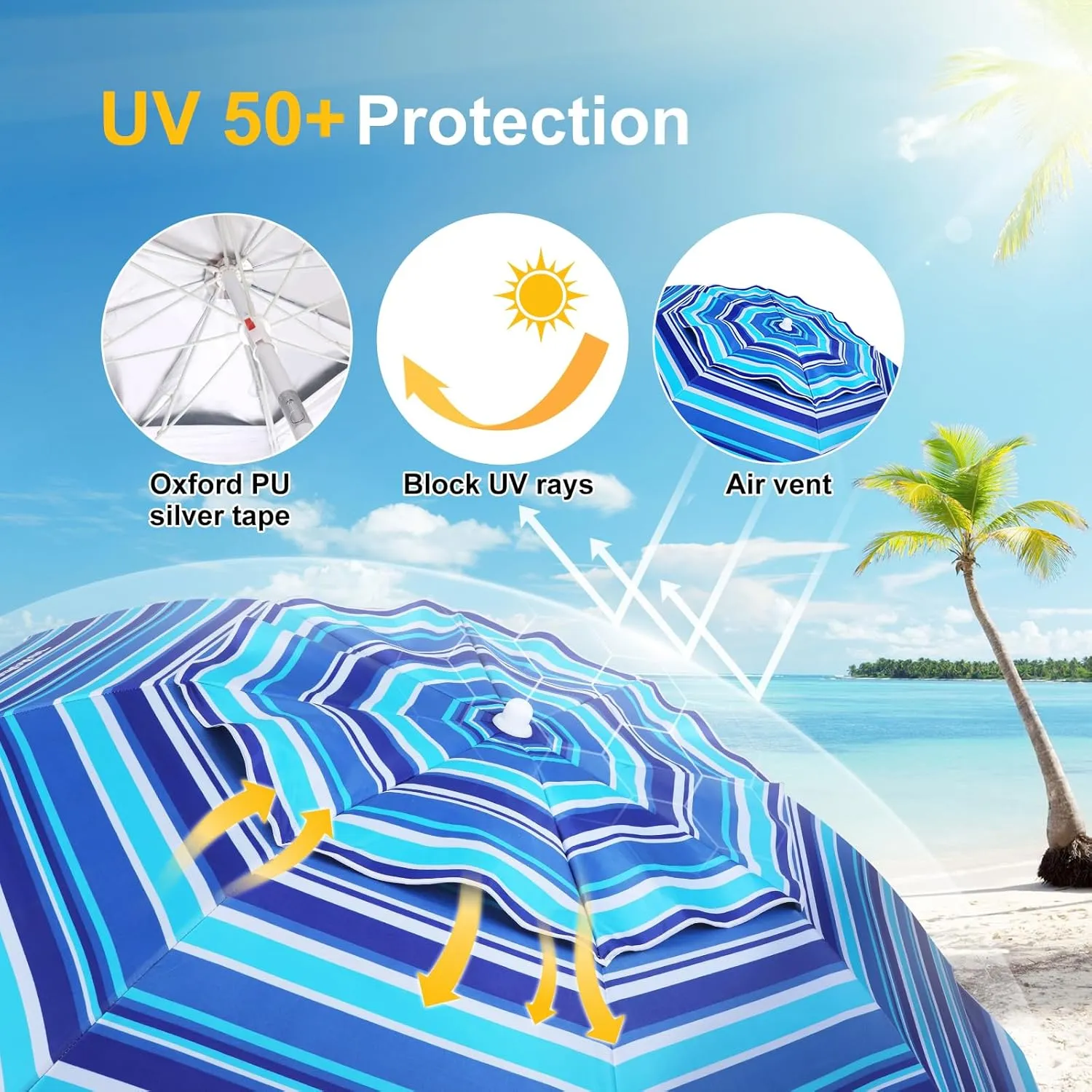 Grandekor 7FT Beach Umbrellas for Sand Heavy Duty Wind Portable Beach Umbrella with Table and Sun Shade Travel Beach Umbrella with Carry Bag Sun Umbrella Beach,UV 50 